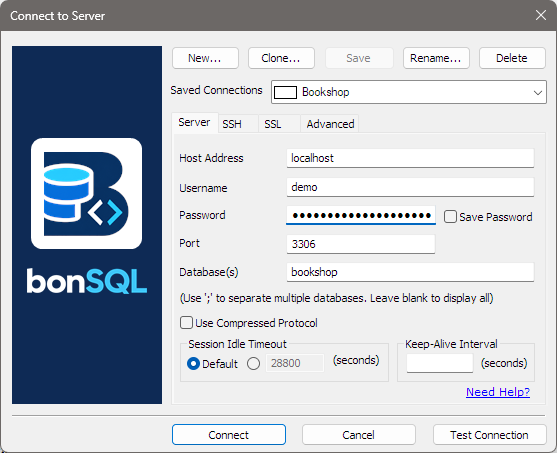 The Connect dialog, Server tab