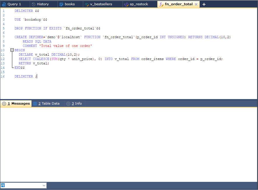 A function opened with Alter Function in its editor tab