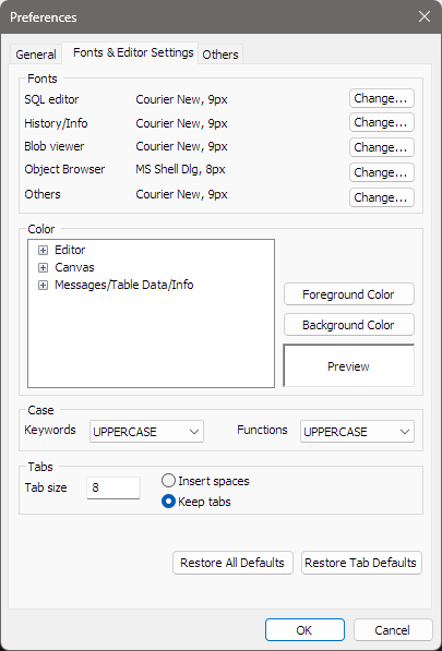 Preferences, Fonts & Editor Settings page